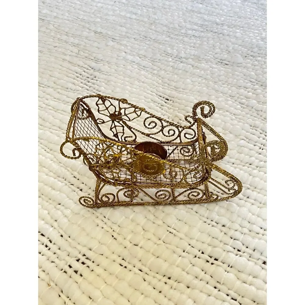Christmas  Sleight Golden Wire Candle Holder New